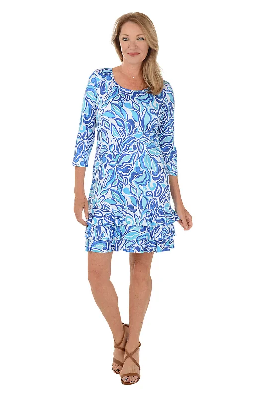 Flirty mini dress-Blue Hibiscus 3/4 Sleeve Ruffle Dress