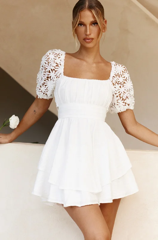 Cozy knit dress-Abby Lace Puff Sleeve Tie-Up Back Dress White