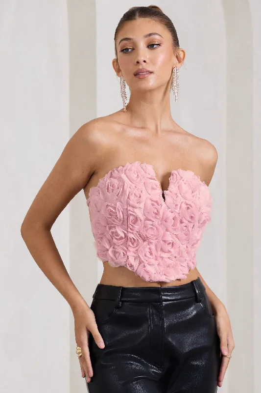 Vacation flowy dress-Alicia | Blush Pink Floral Mesh Strapless Corset Top