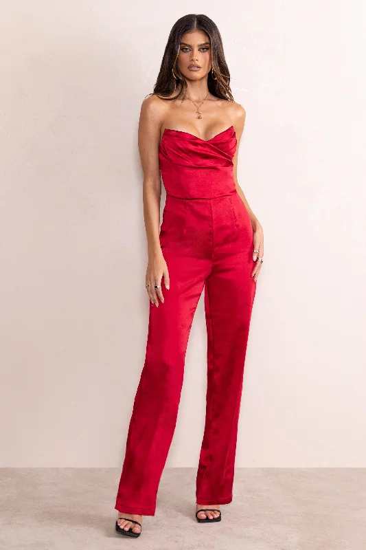 Denim overall dress-Amiah | Berry Red Satin Strapless Straight Leg Jumpsuit