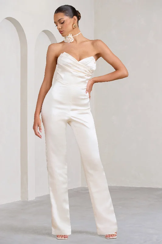 Sequined maxi dress-Amiah | Cream Satin Strapless Straight-Leg Jumpsuit