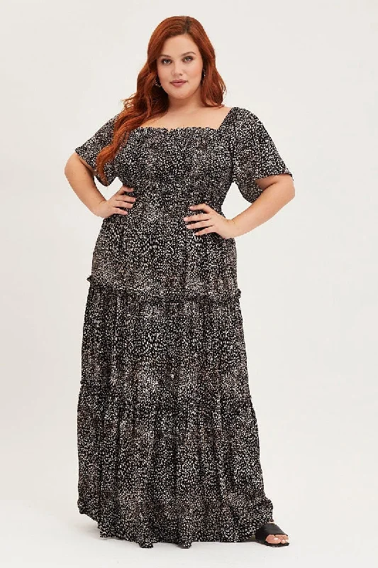 Beaded party dress-Animal Print Maxi Dress Square Neck Short Sleeve