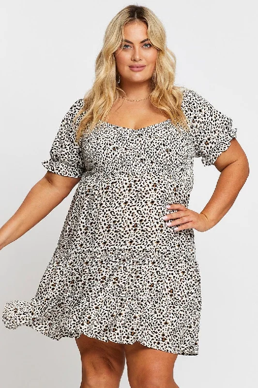 Rose gold trendy dress-Animal Print Short Puff Sleeve Shirred Bust Dress