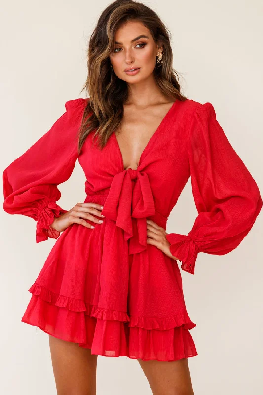 Graceful midi dress-Anthea Bow-Tie Front Layered Frill Dress Red