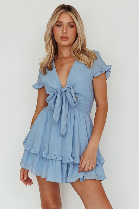 Ornate beaded dress-Anthea Bow-Tie Short Sleeve Frill Dress Cerulean