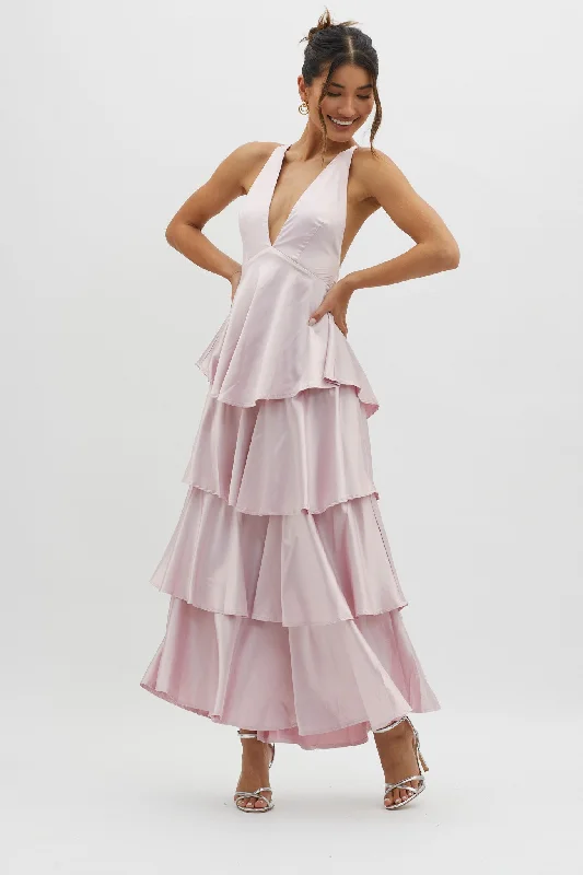 Layered festival dress-Auguste Tiered Frill Strappy Back Dress Blush