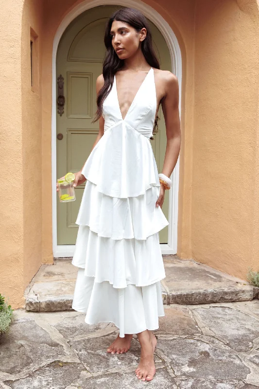 Draped satin dress-Auguste Tiered Frill Strappy Back Dress Ivory