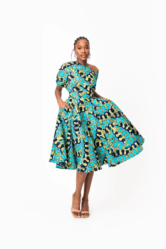 Multicolor floral dress-BADE African Print One-shoulder Midi Dress