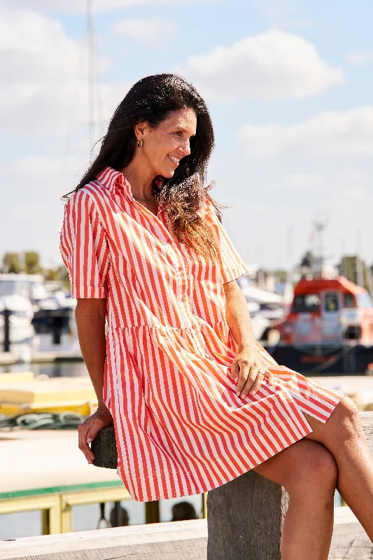 Pleated work dress-Betty Basics Denver Cotton Dress Tangerine Stripe