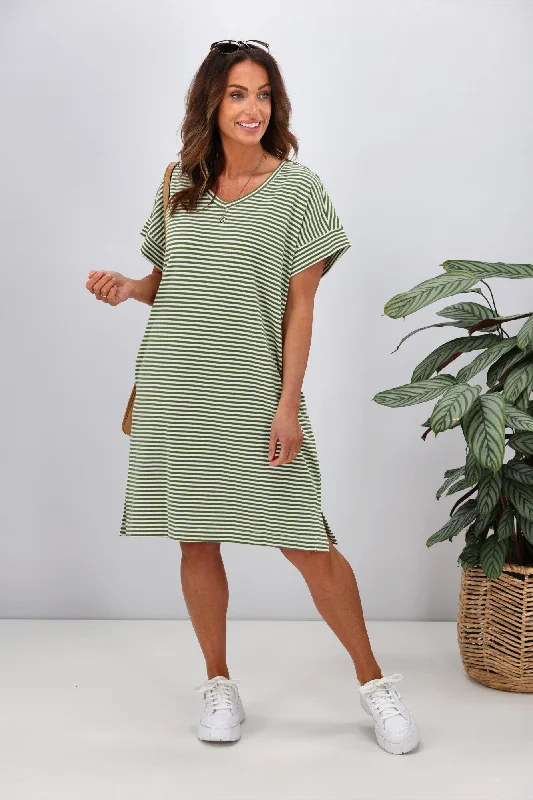 Halter party dress-Betty Basics Elise V-Neck Rib Dress Avocado Stripe