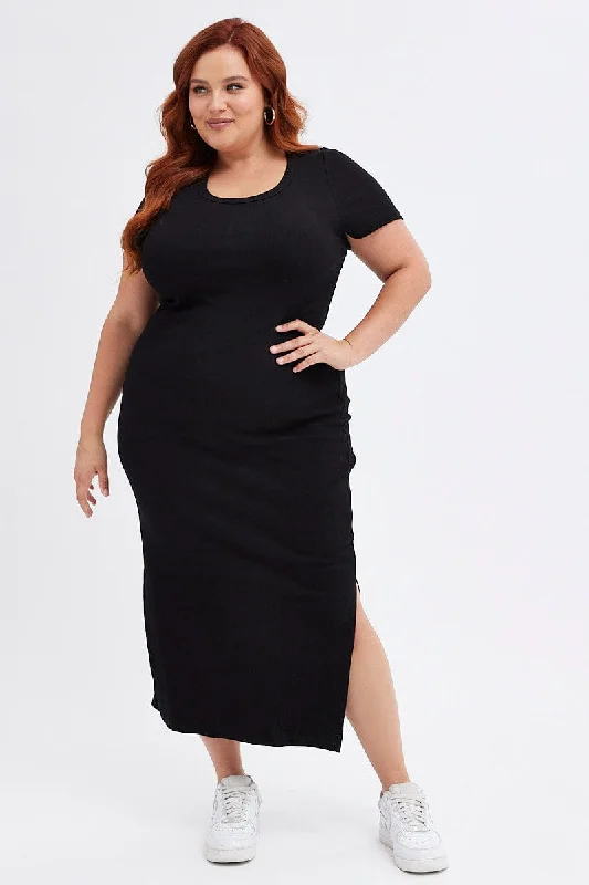 Weekend brunch dress-Black Bodycon Dress Short Sleeve Midi Rib