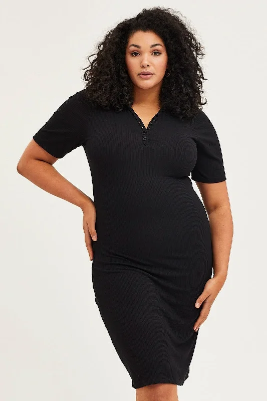 Structured corset dress-Black Bodycon Dress V-neck Long Sleeve Rib