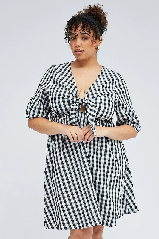 Applique party dress-Black Check Mini Dress Tie Gingham Puff Sleeve