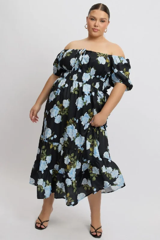 Belted casual dress-Black Floral Midi Dress Short Sleeve Ruched Bust Tiered