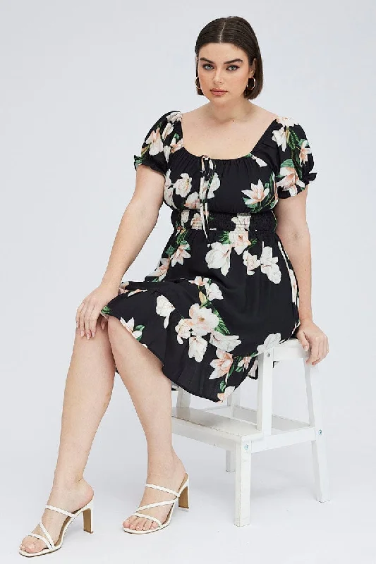 A-line summer dress-Black Floral Mini Dress Short Sleeve Gathered Bust