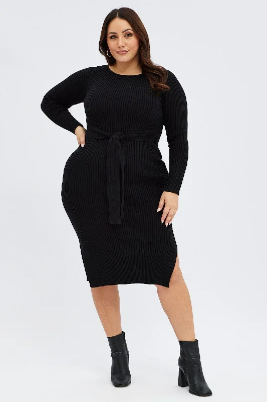 Polka dot sundress-Black Knit Dress Long Sleeve Midi High Neck Tie Front