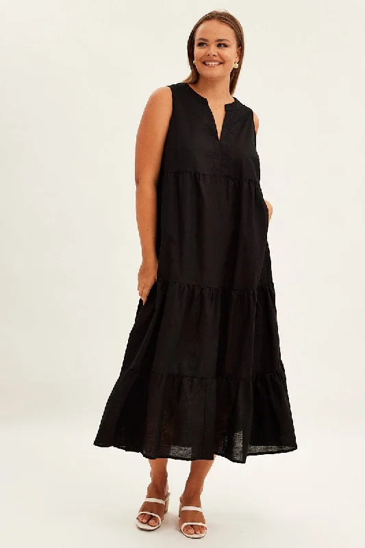 Weekend brunch dress-Black Maxi Dress Sleeveless Tiered Linen Blend