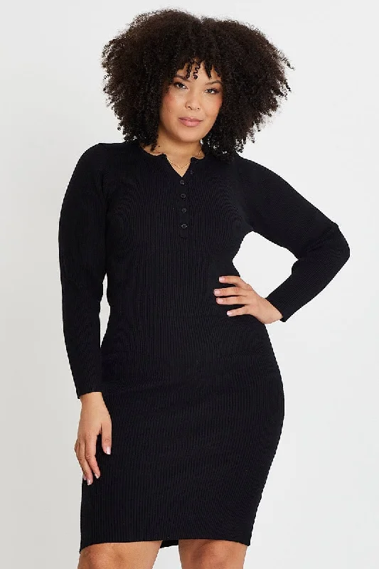 Dramatic maxi dress-Black Midi Knit Bodycon Dress V-neck Long Sleeve