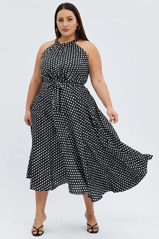 Tropical maxi dress-Black Polka Dot Midi Dress Sleeveless High Neck Satin