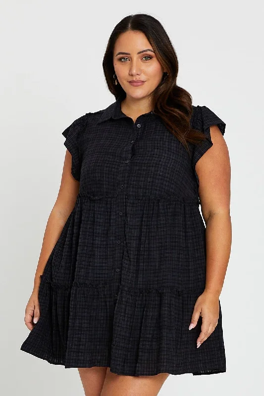 Layered tropical dress-Black Short Frill Sleeve Textured Frill Black Shirtdress