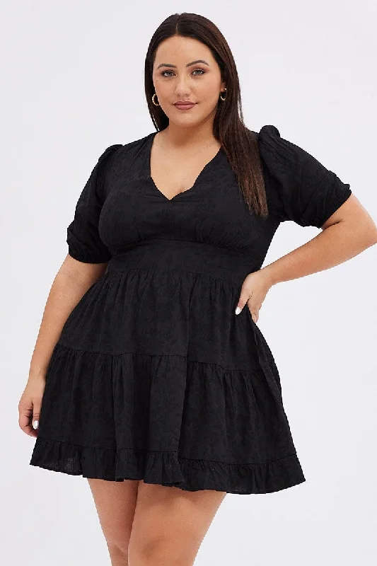 Metallic club dress-Black Skater Dress Short Puff Sleeve Textured