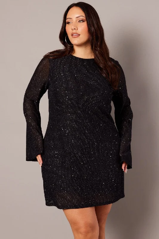 Ruby vibrant dress-Black Sparkle Flare Sleeve Cowl Low Back Minidress