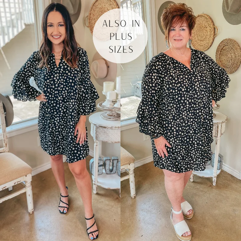 Shift maternity dress-Last Chance Size Small | It's A Date Notched V-Neck Dotted Dress with Bell Sleeves in Black