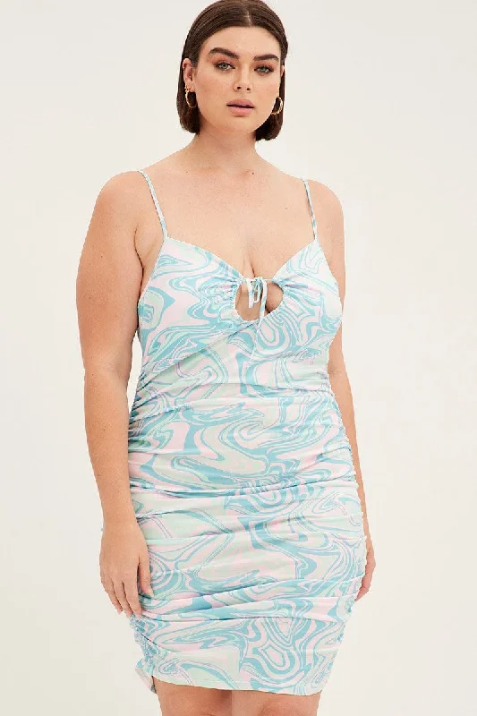 Artsy tie-dye dress-Blue Abstract Bodycon Dress Drawstring Keyhole Ruched Side