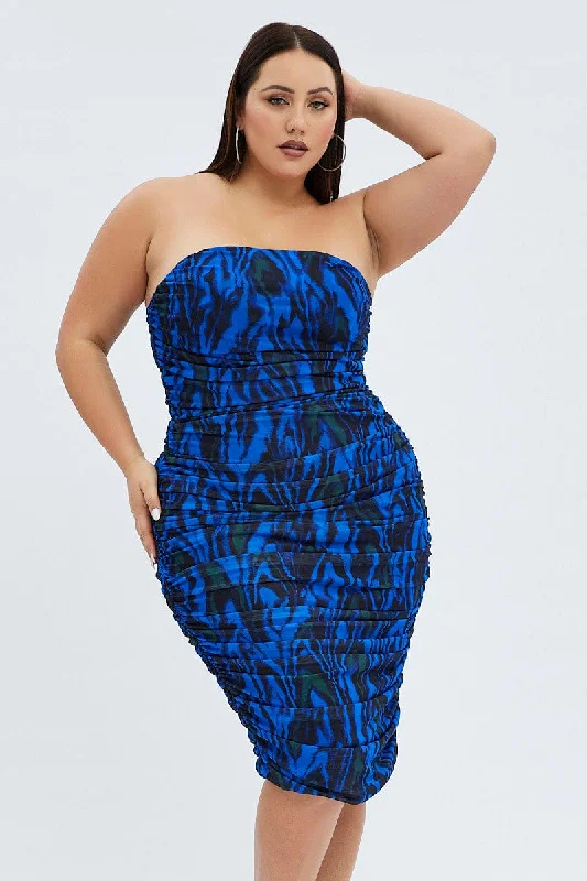 Outdoor adventure dress-Blue Abstract Bodycon Dress Mesh Swirl Detachable Straps