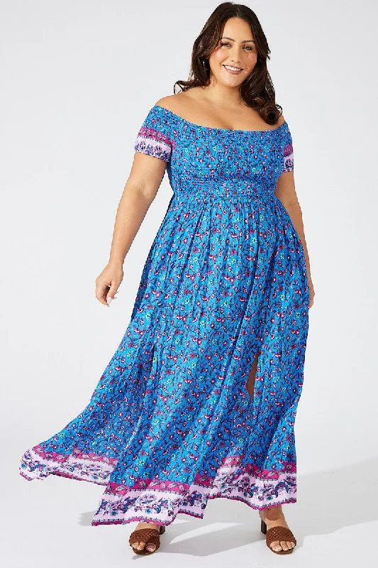 Belted casual dress-Blue Boho Maxi Dress Short Sleeve Shirred