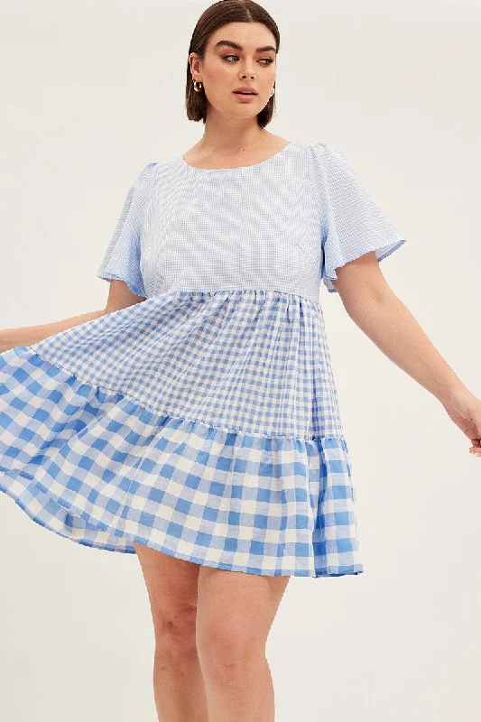 Festival tie-dye dress-Blue Check Relaxed Dress Short Sleeve Mini Tiered