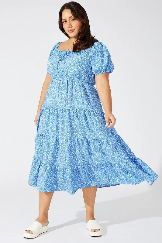 Drop-waist vintage dress-Blue Ditsy Skater Dress Scoop Neck Short Sleeve