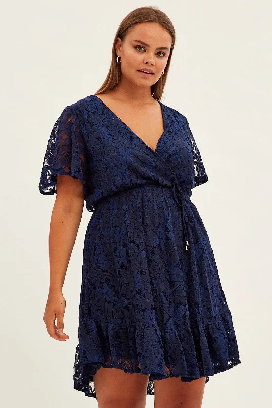 Smocked vintage dress-Blue Fit And Flare Dress Short Sleeve Wrap Lace