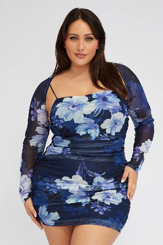 Evening gala dress-Blue Floral Mesh Bodycon Ruched Dress With Shrug