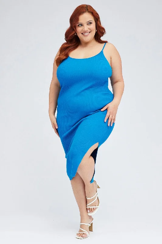 Polished pencil dress-Blue Midi Knit Bodycon Dress Scoop Neck Sleeveless