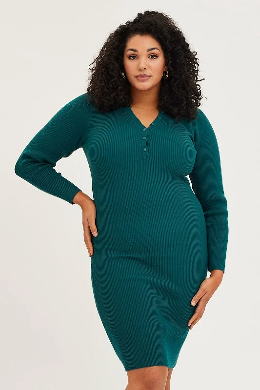 Smooth silk dress-Blue Midi Knit Bodycon Dress V-neck Long Sleeve