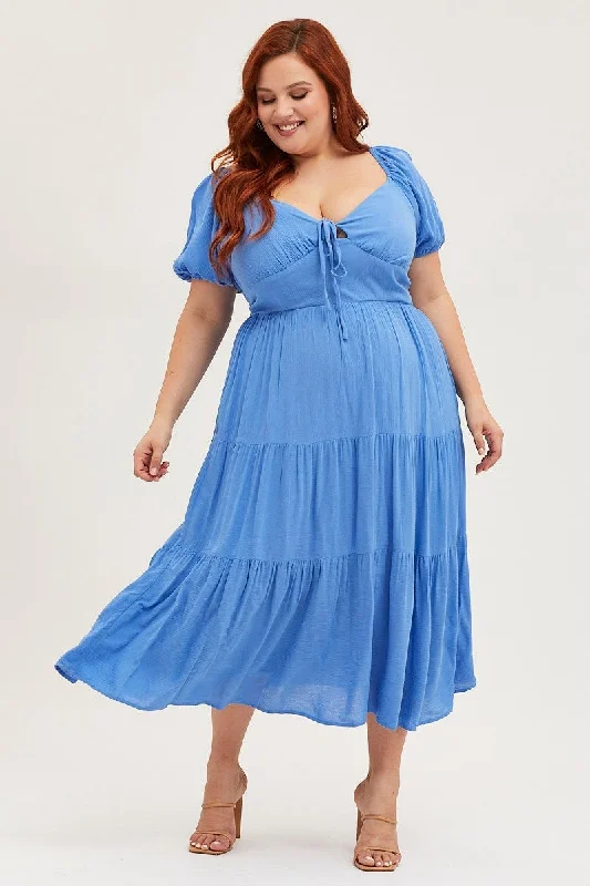 Travel comfy dress-Blue Midi Skater Dress Short Sleeve Tie Front