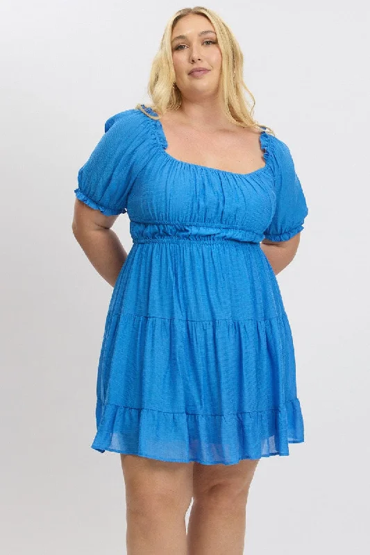 Yellow sunny dress-Blue Scoop Neck Frill Sleeve Minidress