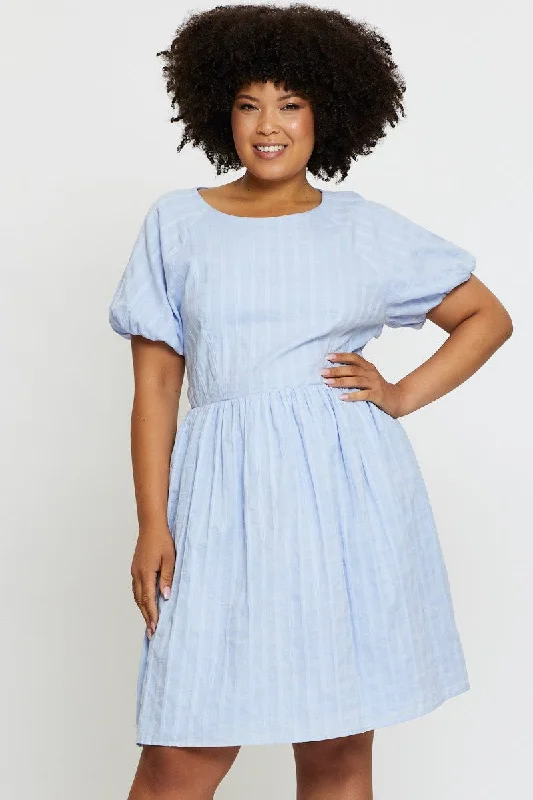 Denim shirt dress-Blue Skater Dress Round Neck Short Sleeve