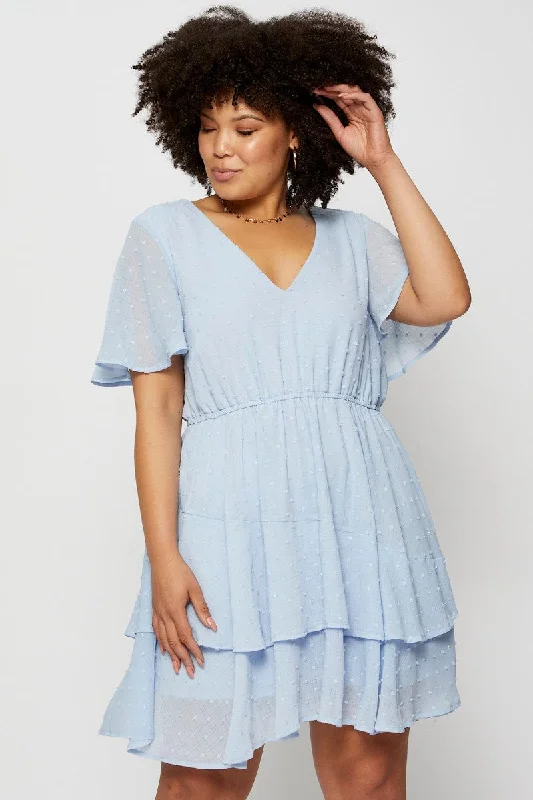 Smocked summer dress-Blue Skater Dress Textured V-neck Short Sleeve