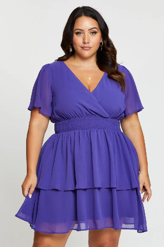 Blue Skater Dress V-neck Short Sleeve Tie