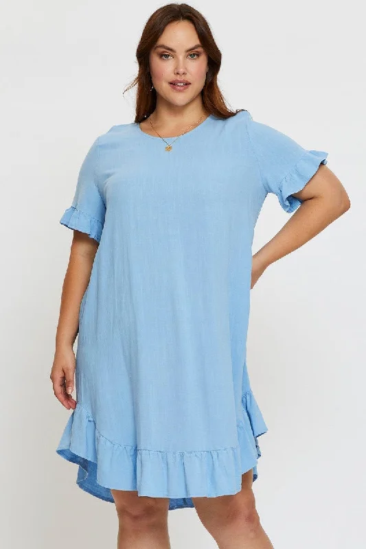 Halter party dress-Blue Smock Dress Round Neck Short Sleeve Ruffle Hem