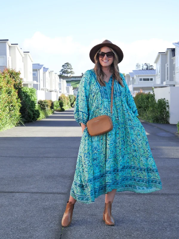 Patchwork retro dress-Boho Australia Sumaya Dress Blue Print