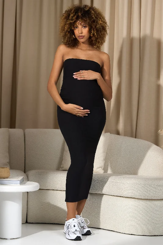 Wool sweater dress-Bowie | Black Strapless Maternity Maxi Dress