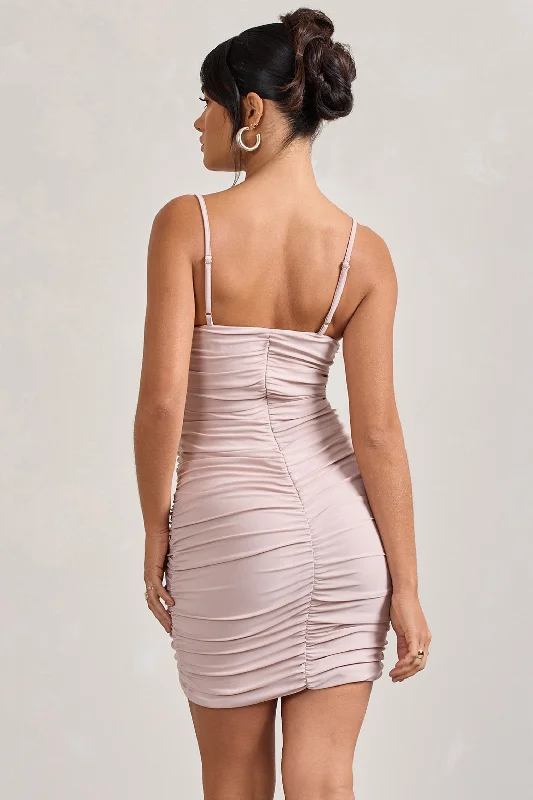 Olive muted dress-Brightest | Champagne Ruched Strappy Asymmetric Bodycon Mini Dress