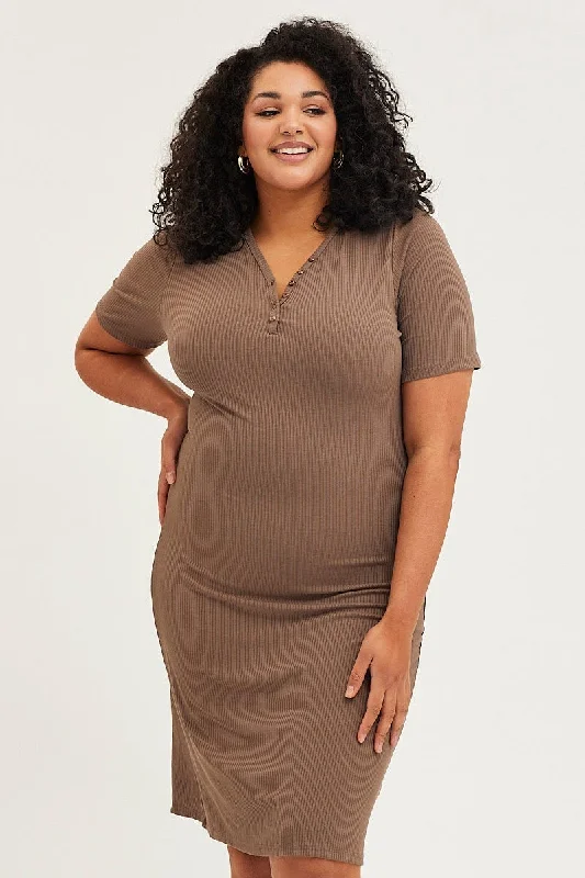 Loose tunic dress-Brown Bodycon Dress V-neck Long Sleeve Rib