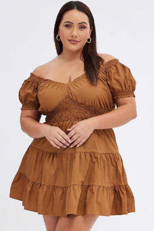 Scalloped formal dress-Brown Fit And Flare Dress Short Sleeve Shirred