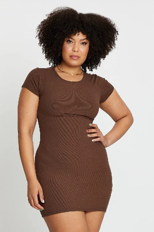 Sleek slip dress-Brown Short Sleeve Green Rib Basic Dress