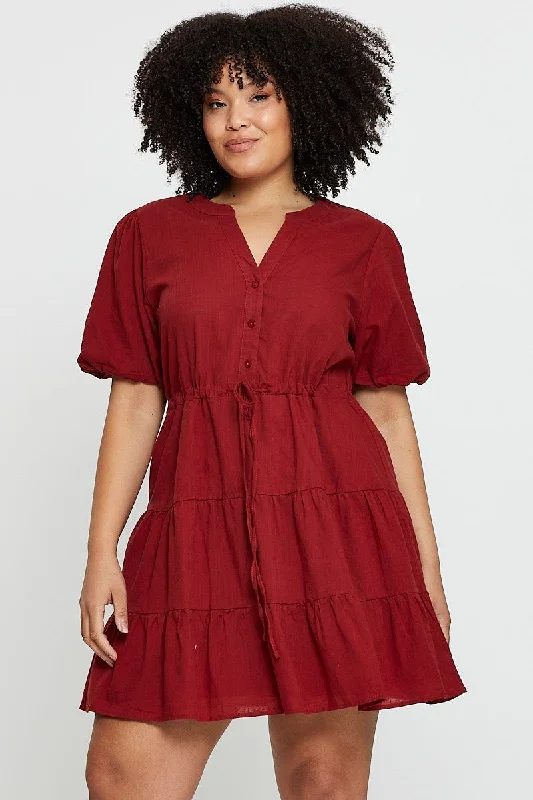 Resort wrap dress-Brown Skater Dress V-neck Short Sleeve Button