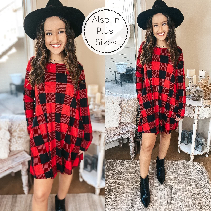 Knit tunic dress-High Spirits Long Sleeve Buffalo Plaid Dress with Pockets in Red